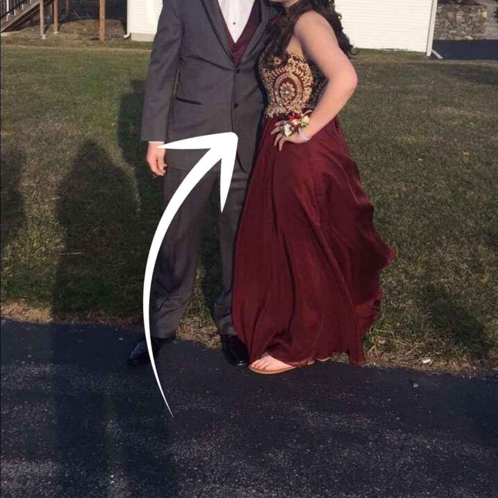Maroon and gold prom dress.
